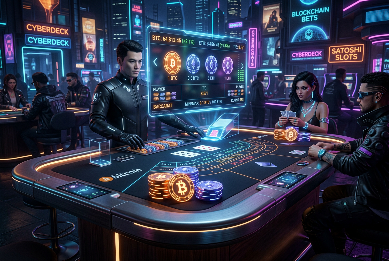 High-end modern casino table with Bitcoin and Ethereum chips and digital holographic interface