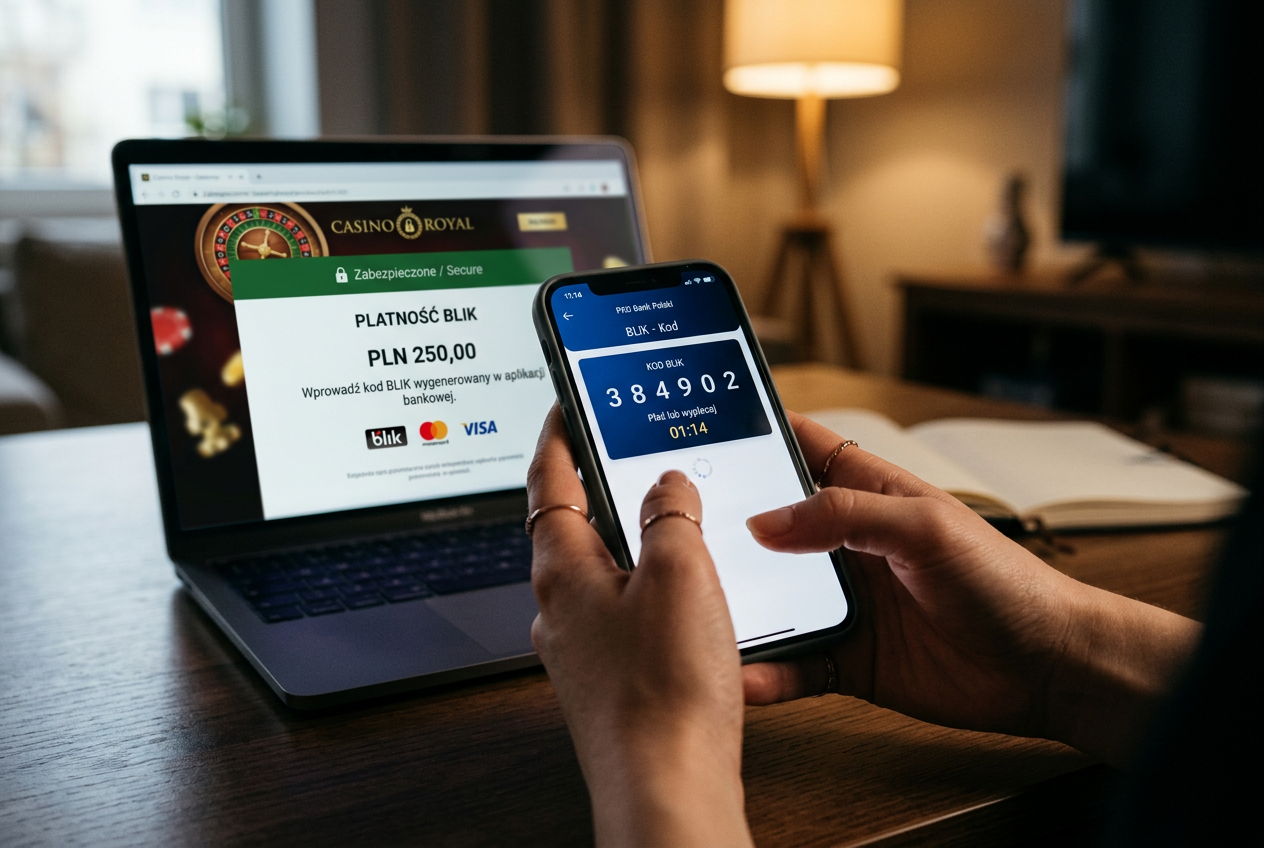 Osoba wpisująca kod BLIK na smartfonie podczas wpłaty do kasyna online