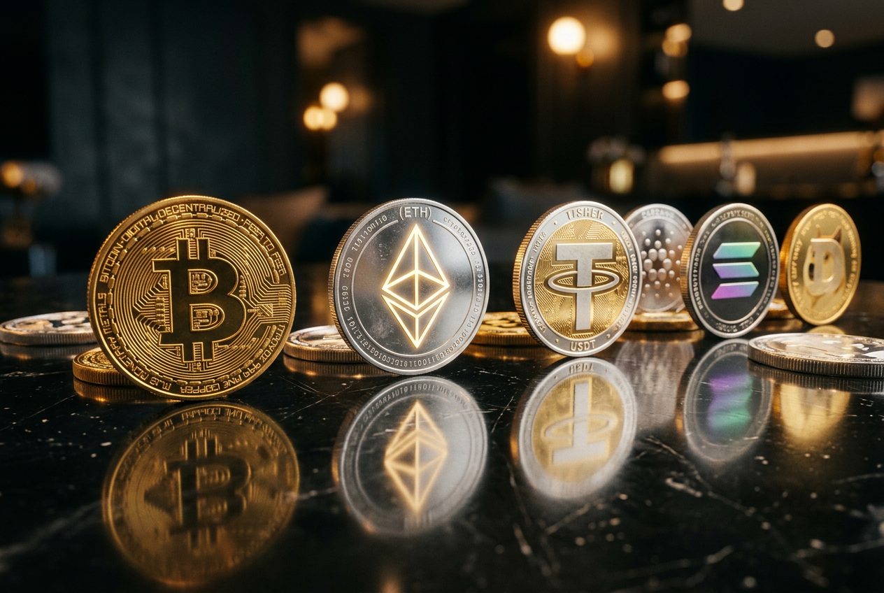 Comparison of different physical representations of cryptocurrencies on a dark reflective surface