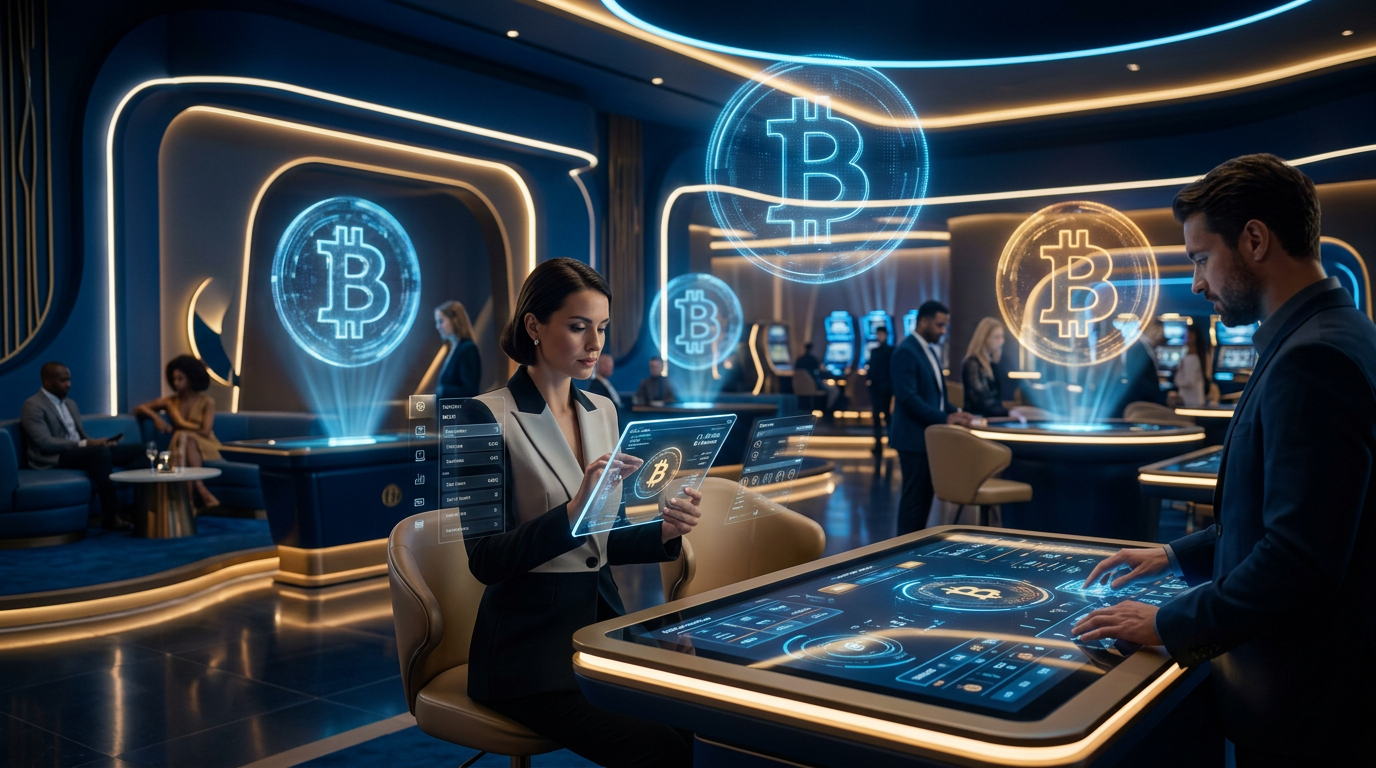 Futuristic Bitcoin casino floor in Warsaw with holographic displays and neon lights