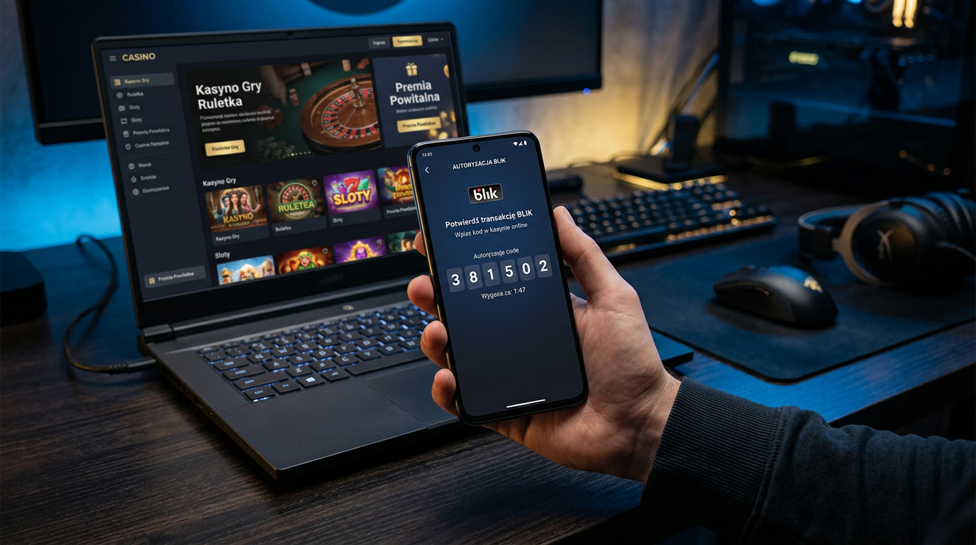 Smartfon z kodem BLIK i laptop z kasynem online w tle