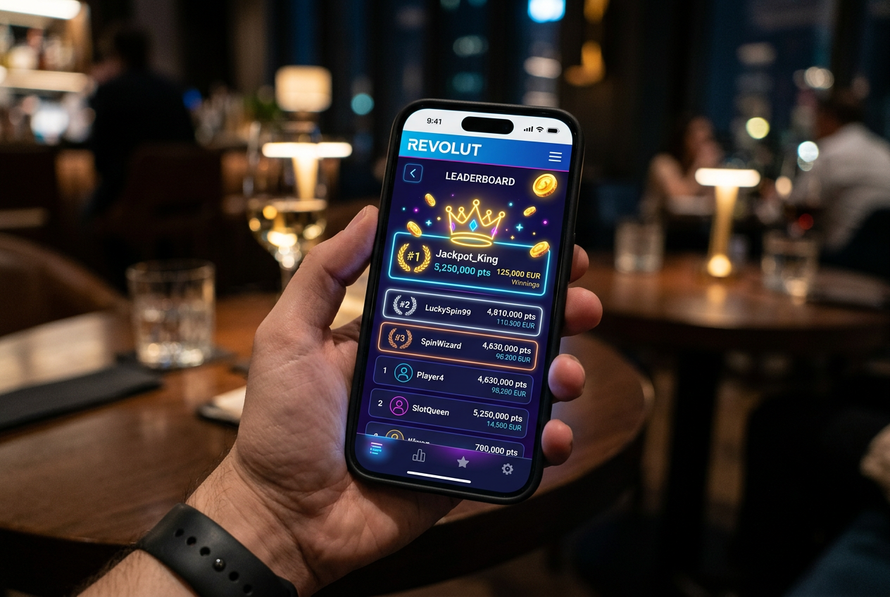 Mobilny ranking kasyn Revolut wyświetlony na smartfonie z elementami złota i neonów