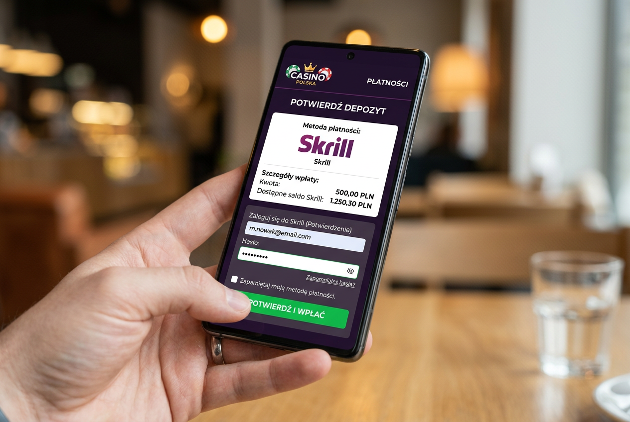 Widok interfejsu wpłaty Skrill na smartfonie w aplikacji mobilnej kasyna