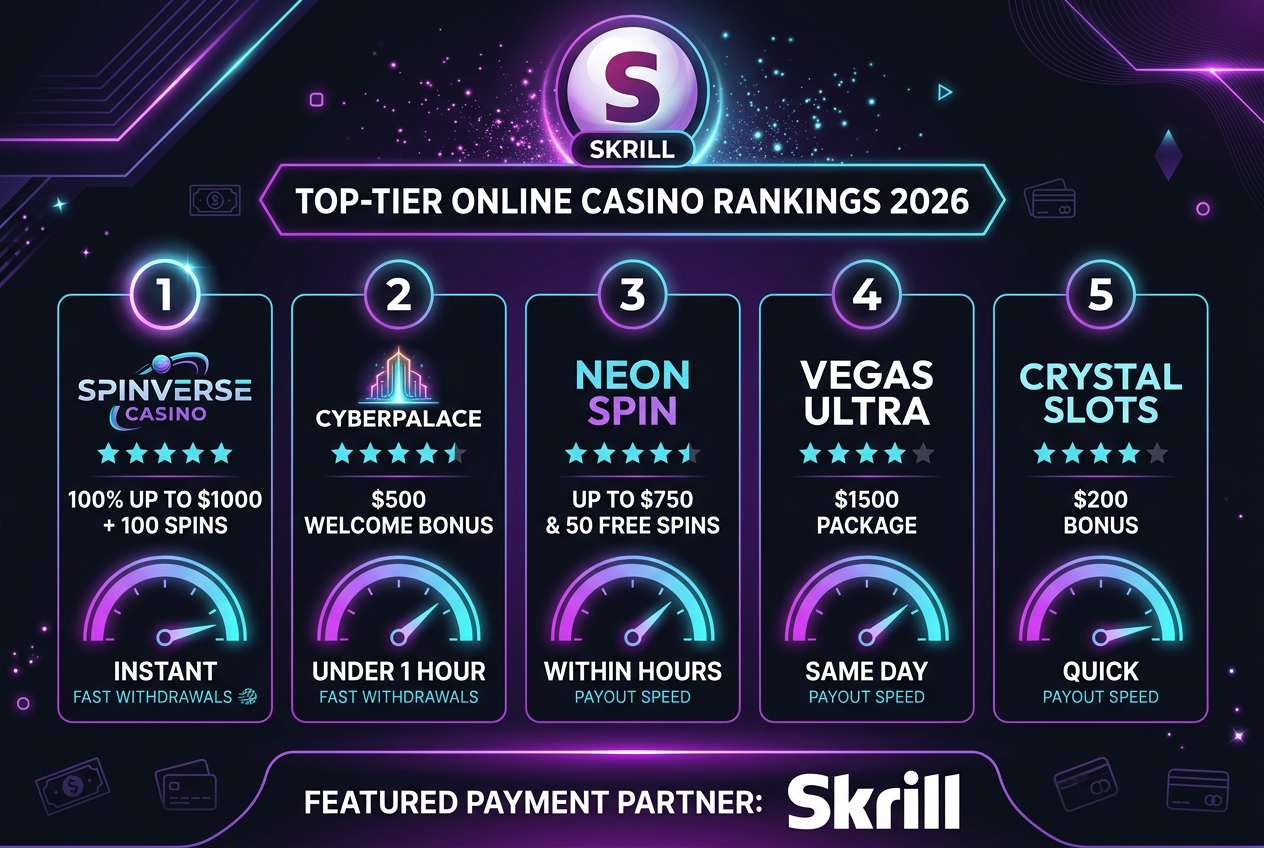 Infografika przedstawiająca ranking kasyn Skrill 2026 z nowoczesnym interfejsem